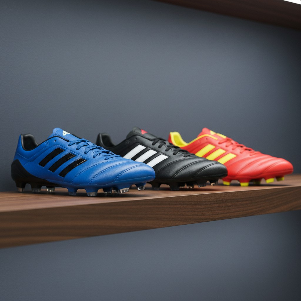 "three pairs of soccer cleats arranged close to eachother, in blue, black and red, on a brown wooden shelf against a dark ...